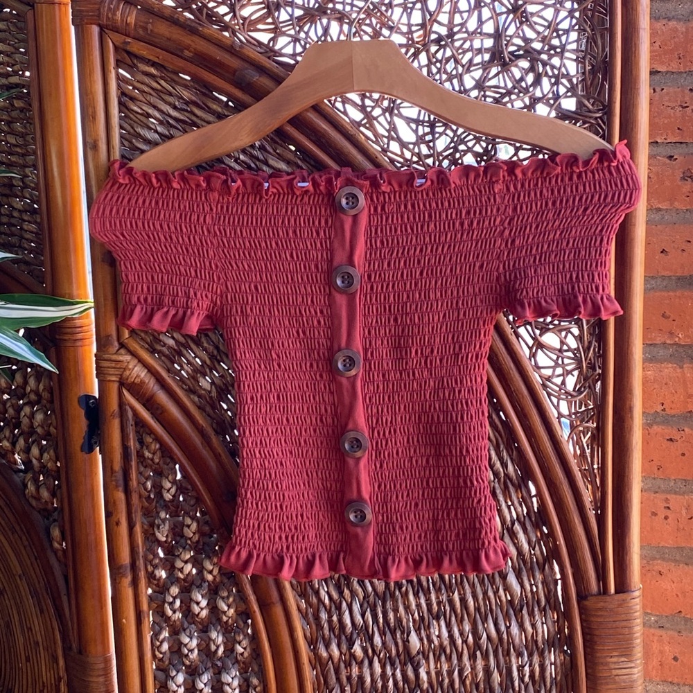 Orange Kiss Rust Off-Shoulder Buttoned Smocked Top Blouse